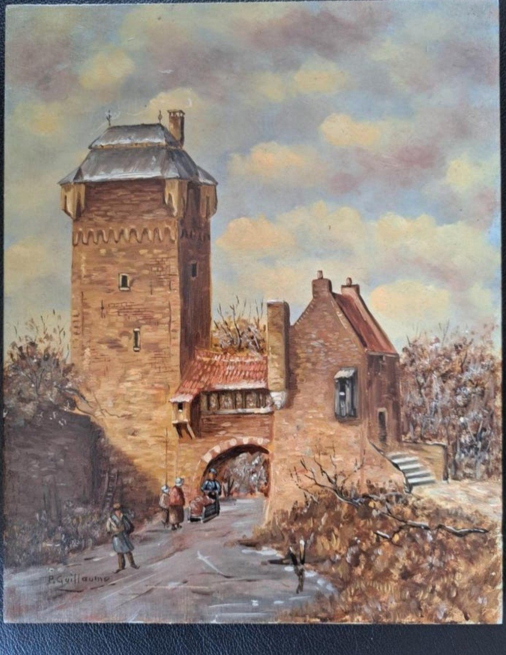 Olieverfschilderij P. Guillaume - Stadsgezicht met toren, Antiek en Kunst, Ophalen of Verzenden, Olieverf, Klassiek, Stads- / dorpsgezicht