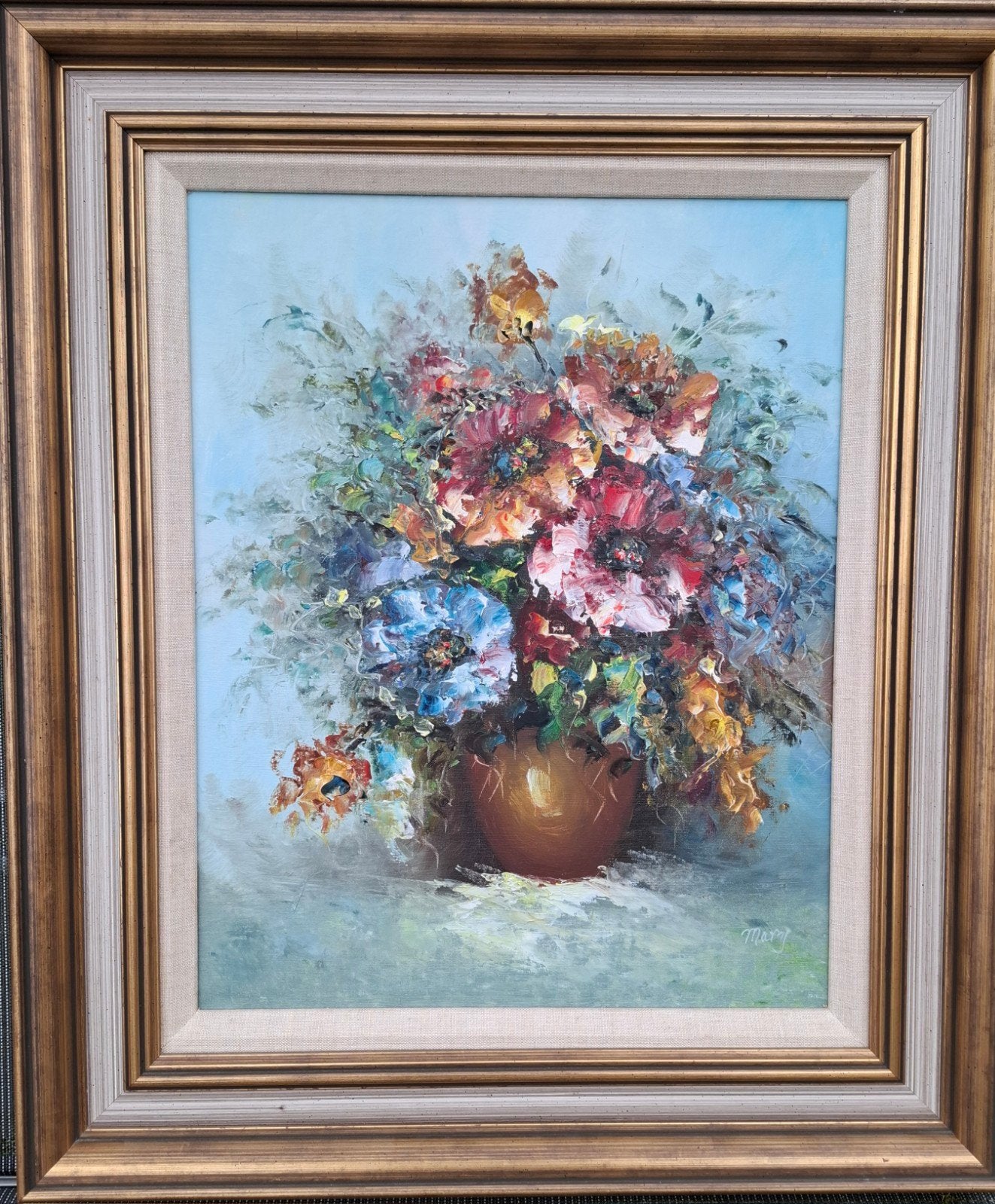 Kleurrijk bloemstilleven, olieverf op doek, gesigneerd, Antiek en Kunst, Ophalen of Verzenden
