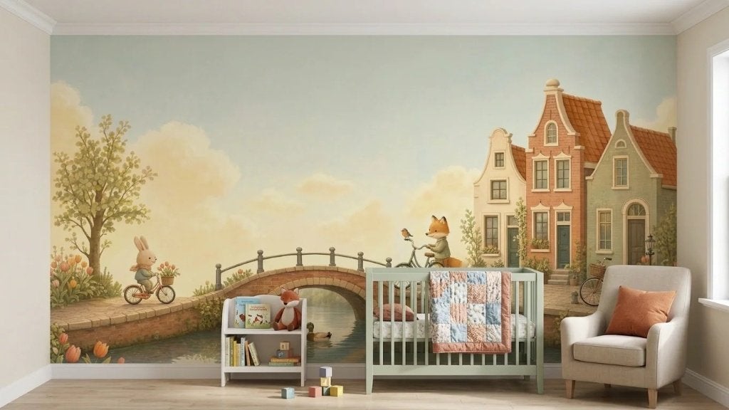 Behang kinderkamer – fietsende dieren bij grachtbrug op maat, Overige merken, Blauw, Ophalen of Verzenden, Fotobehang