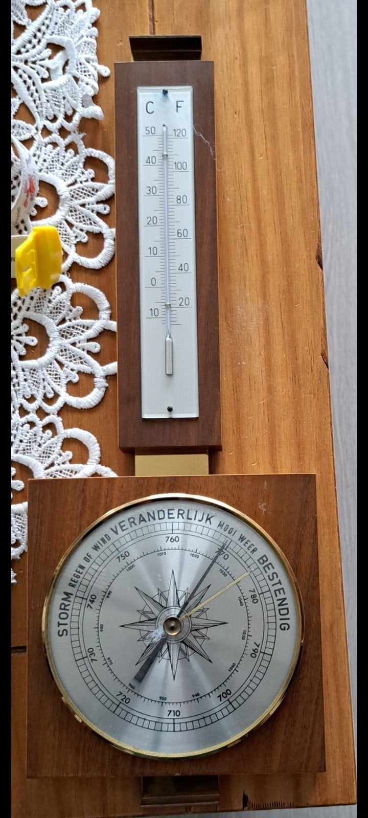 Vintage Barometer en Thermometer - Houten Weerstation, Ophalen, Gebruikt, Weerstation