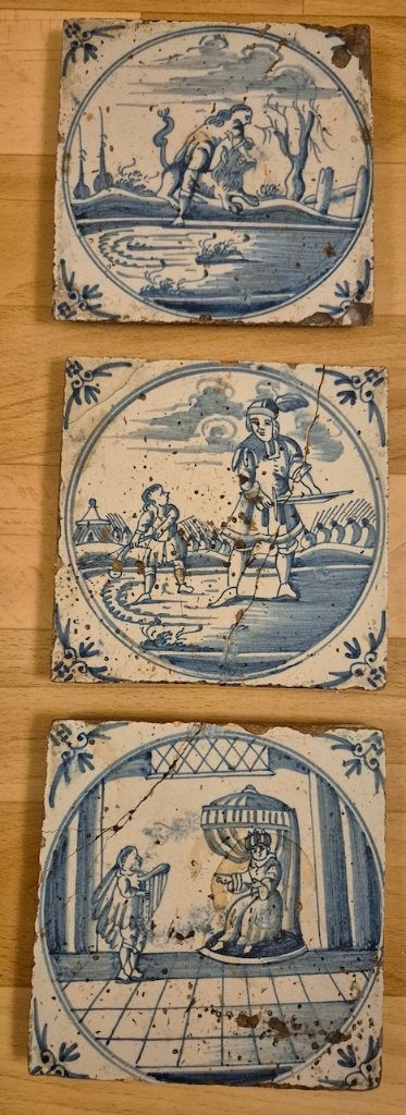 3 stuks bijzondere 18de eeuwse bijbelse tegels., Antiek en Kunst, Ophalen of Verzenden