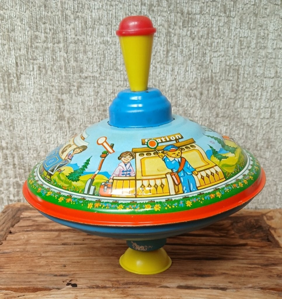vintage blikken bromtol  vrolijk treinmotief  jaren 1950, Antiek en Kunst, Ophalen of Verzenden