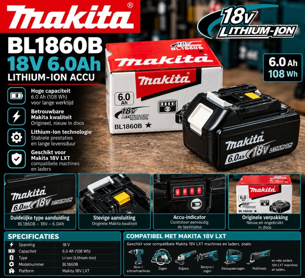 Makita BL1860B Accu 18V 6.0Ah 108Wh, Ophalen of Verzenden, Nieuw