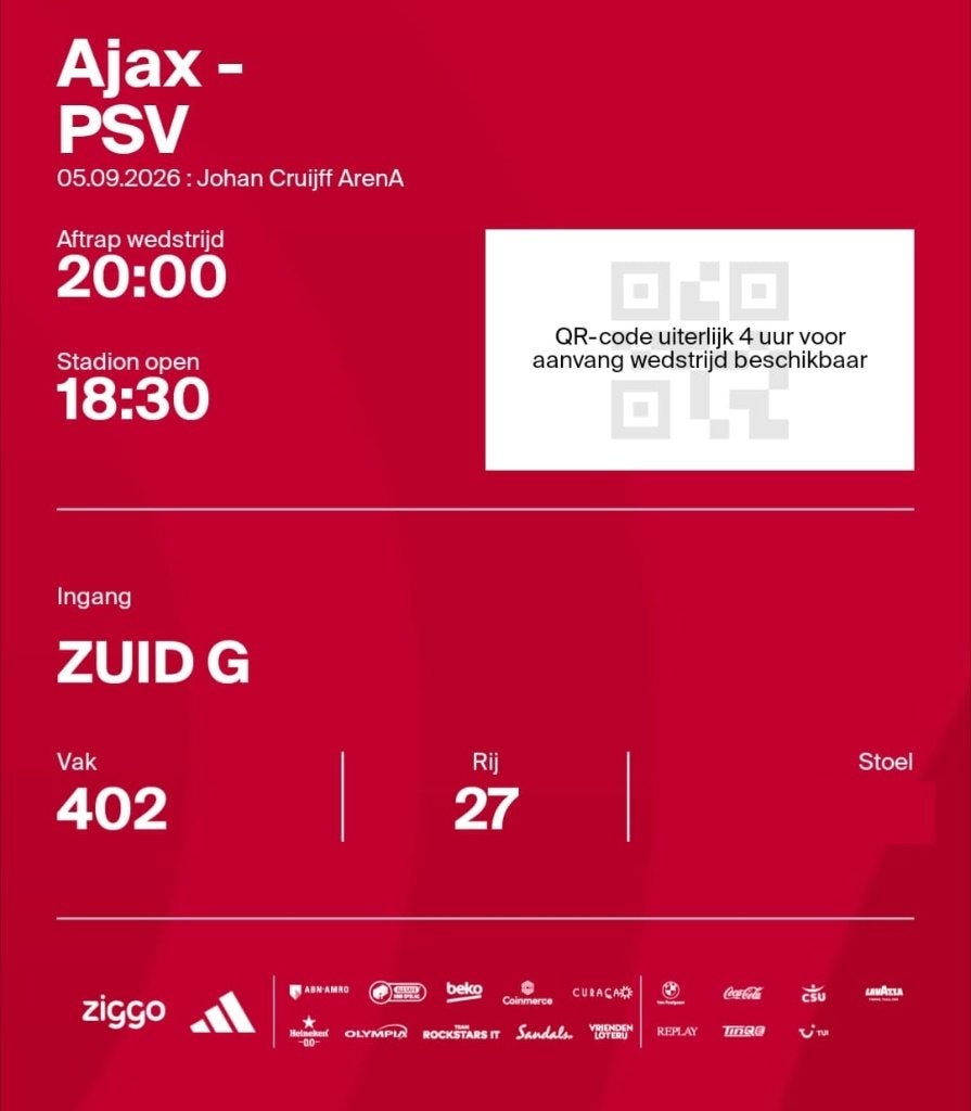 Ajax – PSV | 1 kaart | Vak 402 |, Tickets en Kaartjes, Sport | Voetbal, Losse kaart, Eén persoon, September