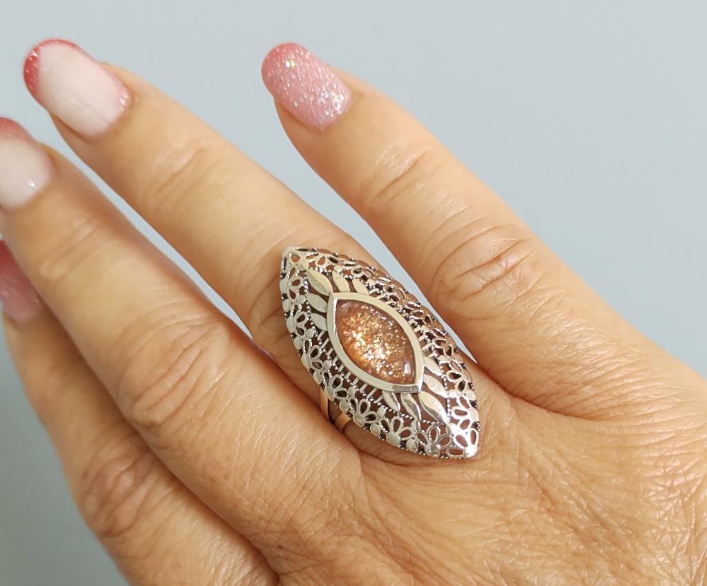 zilveren ring met natuurlijke Zonnesteen zilver 925, Sieraden, Tassen en Uiterlijk, Ringen, 18 tot 19, O.T., Nieuw, Oranje