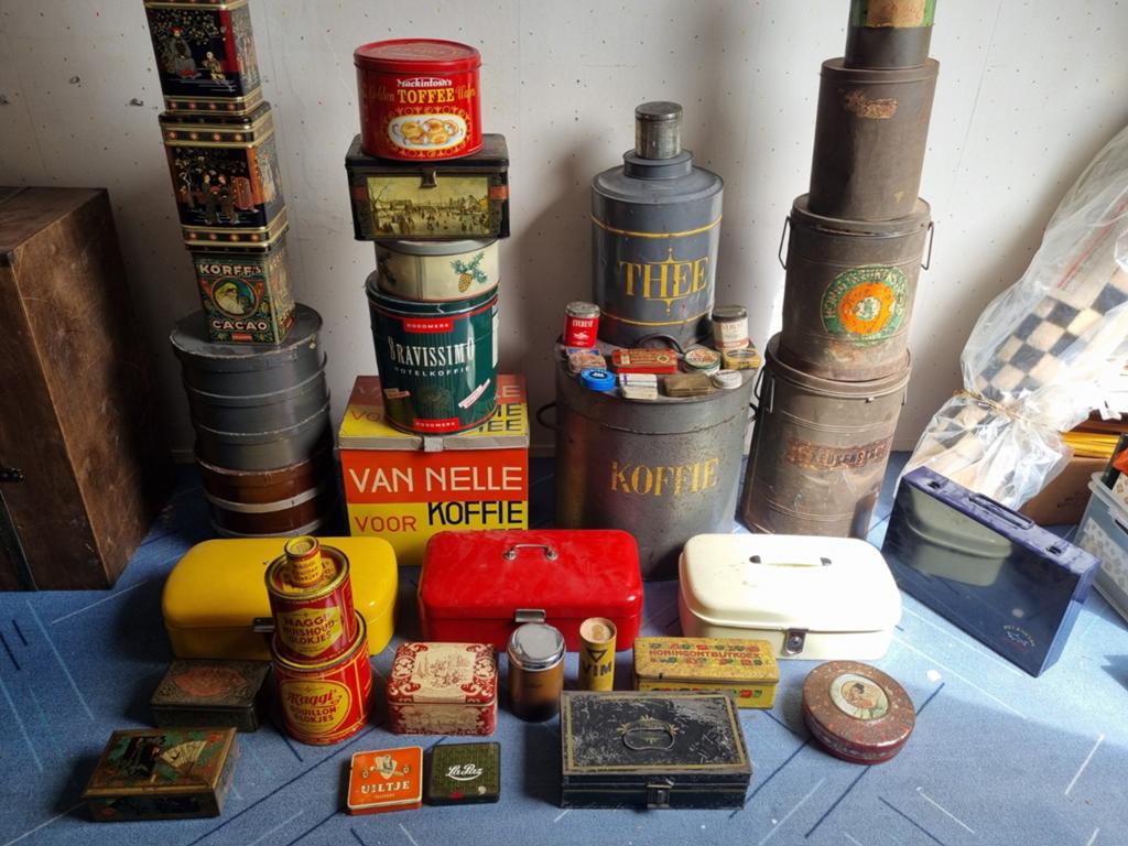 Grote verzameling vintage blikken van diverse merken +- 40!, Verzamelen, Blikken, Ophalen, Gebruikt, Overige