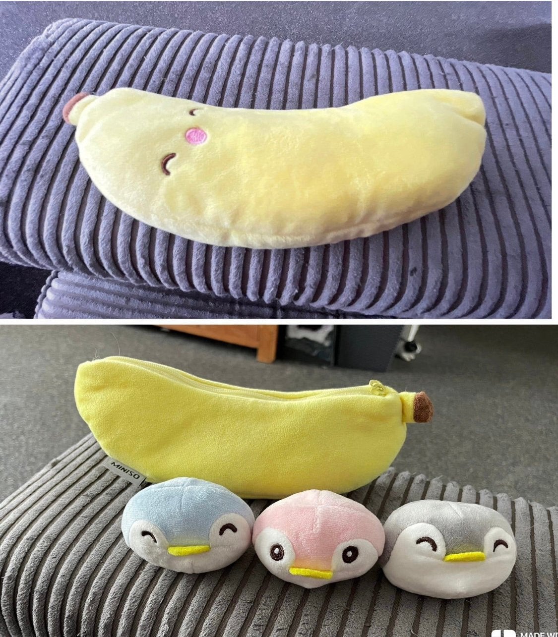 Miniso knuffel banaan met 3 pittenzakjes beanbags pinguïns, Ophalen of Verzenden, Zo goed als nieuw, Overige typen