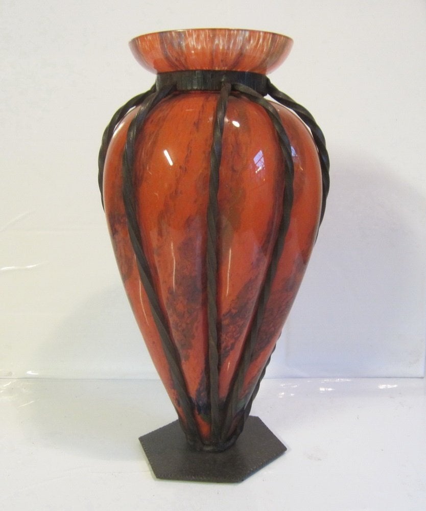 Antieke art deco vaas Lorrain/Daum smeedijzer voet ca 1930, Ophalen of Verzenden