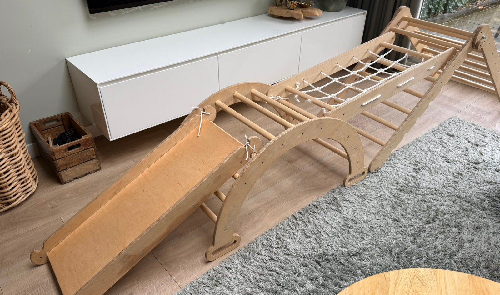 Montessori klimrek 4-in-1 - Pikler, glijbaan, klimnet & boog, Ophalen, Zo goed als nieuw