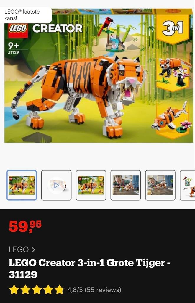 LEGO Creator 3-in-1 Grote Tijger - 31129, Ophalen, Compleet, Lego, Zo goed als nieuw