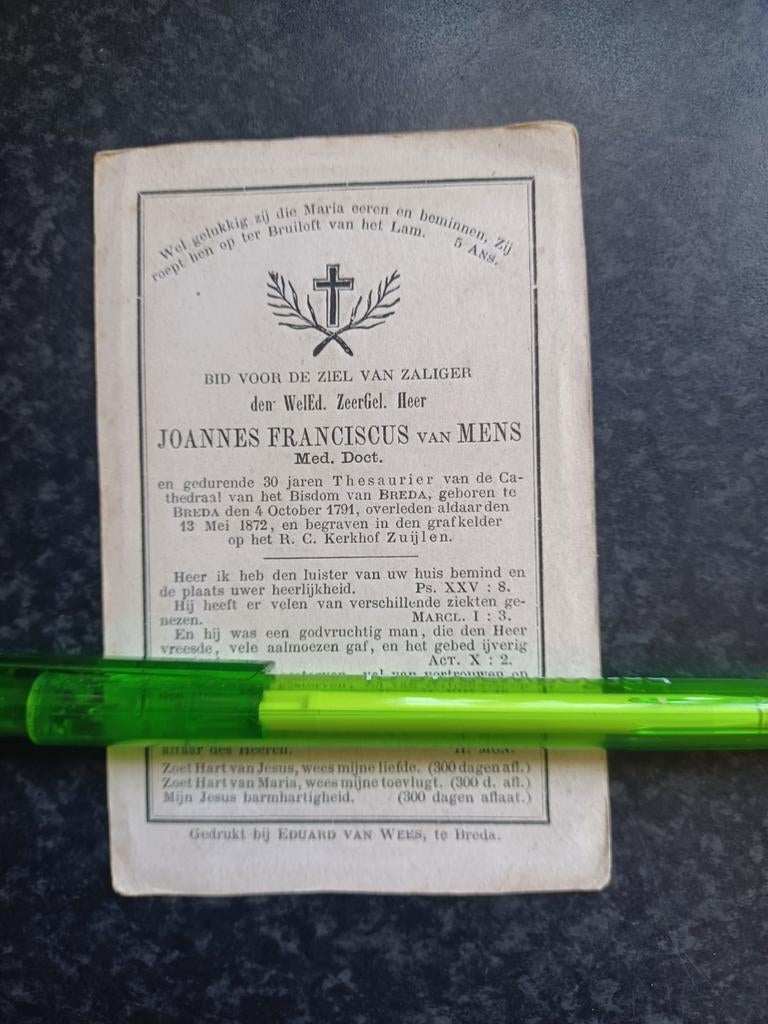 Bidprentje Breda Joannes van Mens 1791 1872, Ophalen, Bidprentje