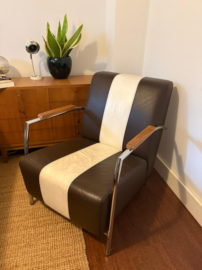 Fauteuil retro buisframe bruin-wit, Huis en Inrichting, Fauteuils, Ophalen, Gebruikt, 75 tot 100 cm, 50 tot 75 cm