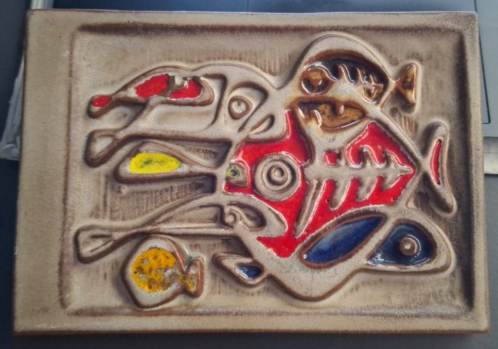 Mid-century keramische wandplaat, gestileerd vismotief, 60s, Ophalen of Verzenden
