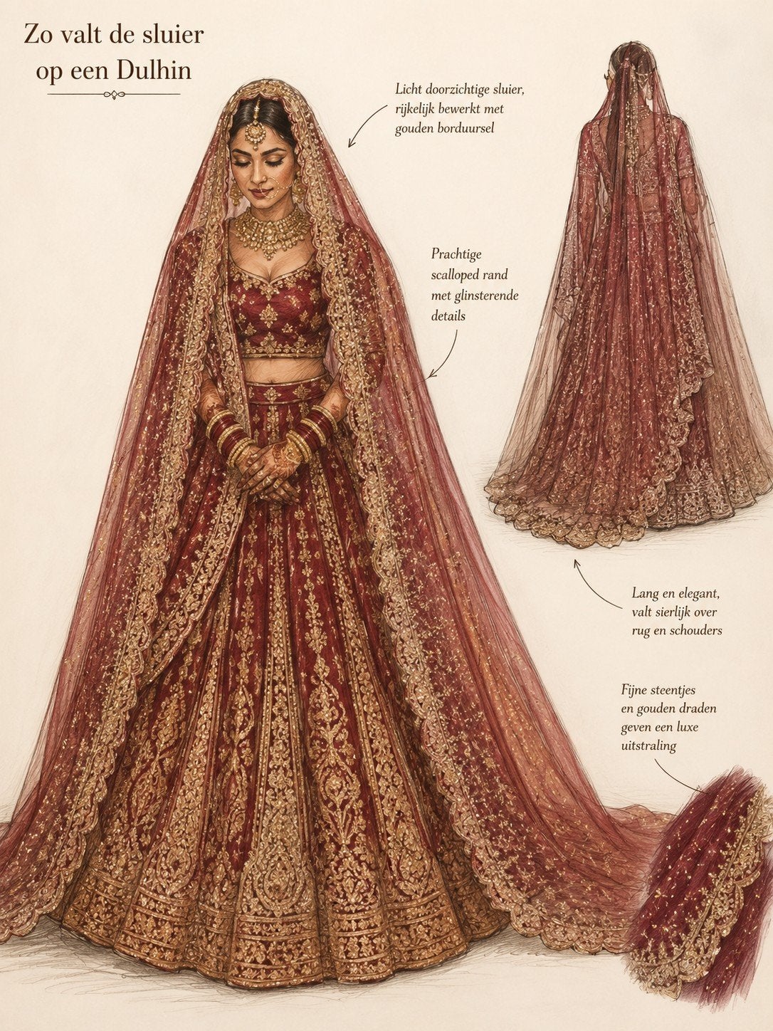 Indiase lange sluier voor bruid, Ophalen of Verzenden, Nieuw, Rood, Accessoires