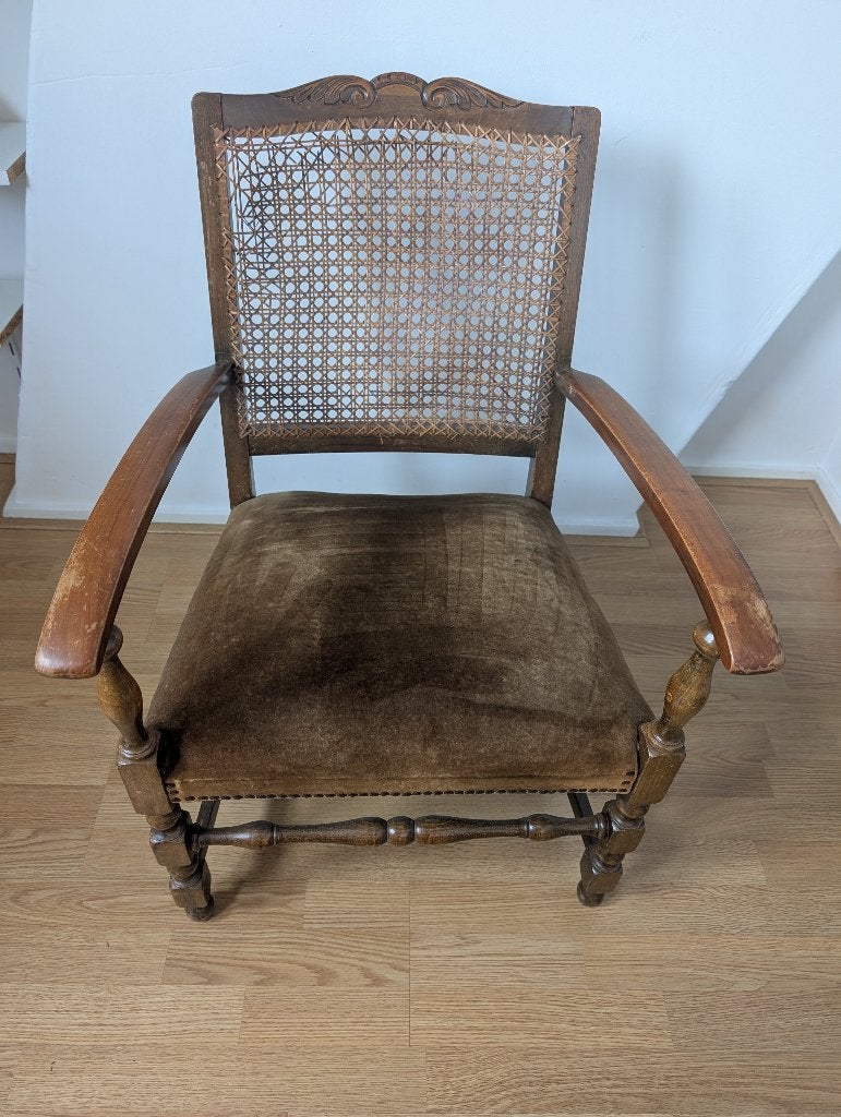 GRATIS Antieke vintage stoel velours zitting rieten leuning, Ophalen