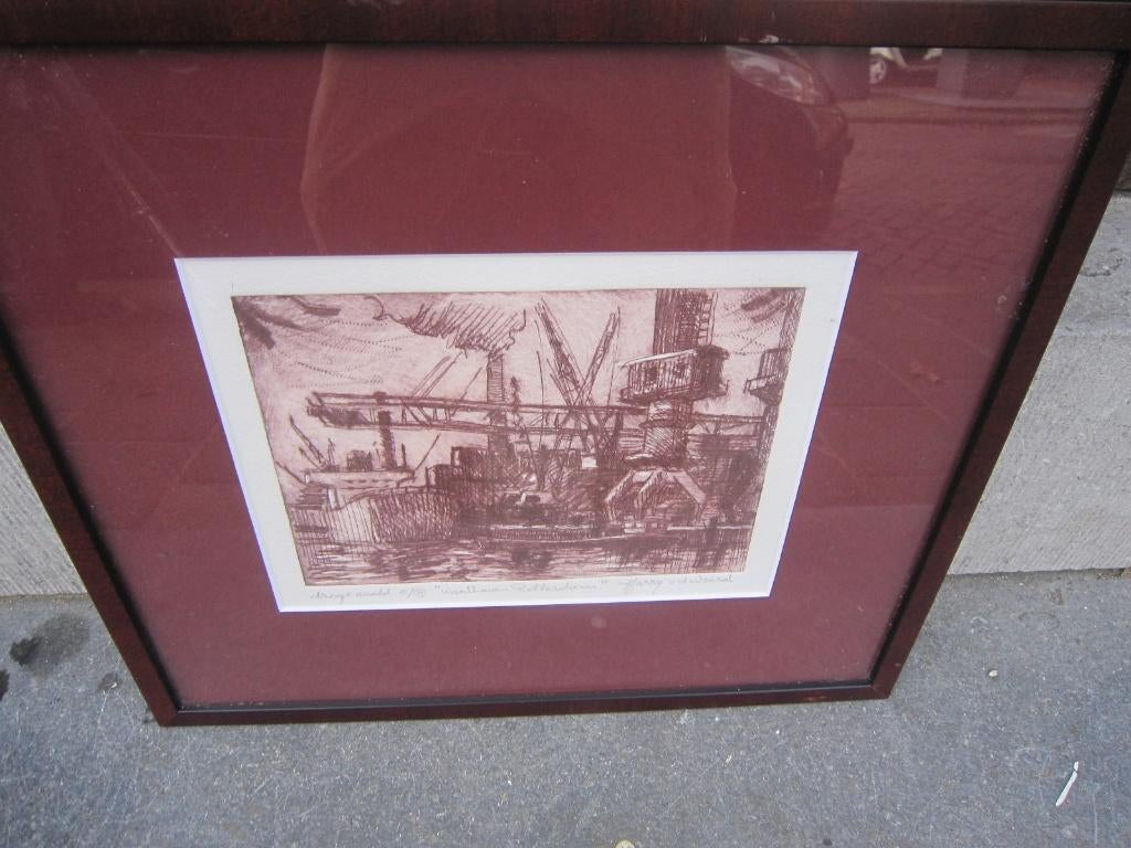 Waalhaven Rotterd.Pr Dr Naald Kleur ets Harry v/d Woerd, Antiek en Kunst, Kunst | Etsen en Gravures, Ophalen
