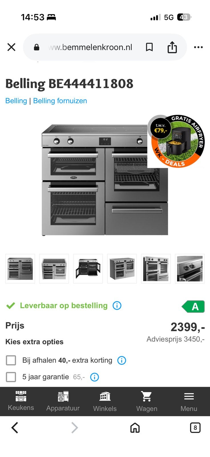 Belling Cookcentre 90Ei – Luxe Inductie Fornuis (90 cm, RVS), Ophalen, 60 cm of meer, 4 kookzones, Zo goed als nieuw