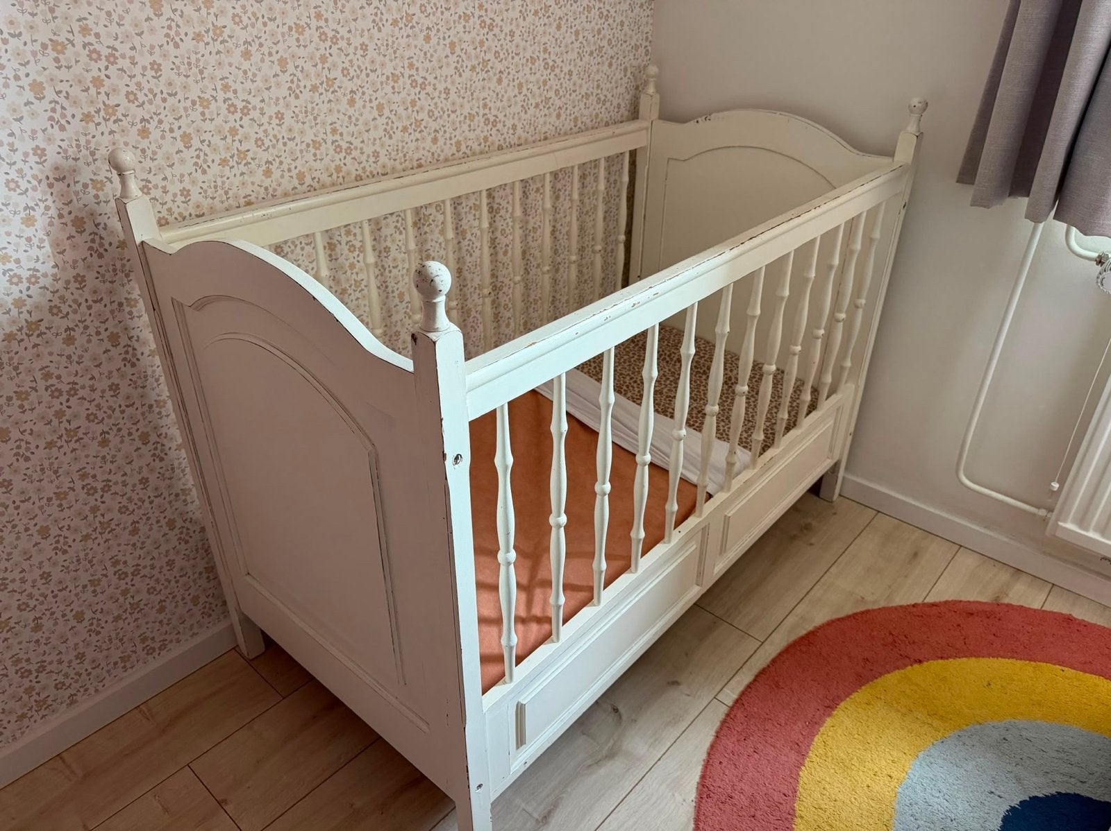 Vintage Ledikant - Wit Houten Babybed met matras, Ophalen, Gebruikt, Wit, 190 cm of minder