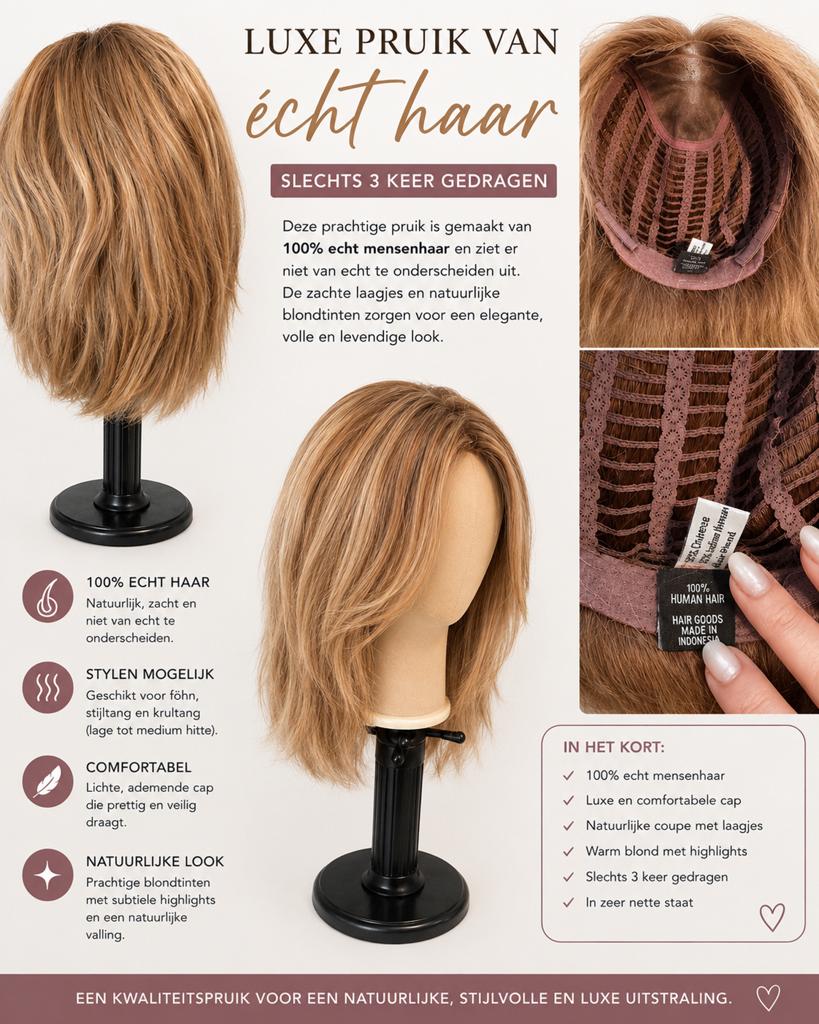 Luxe Pruik van Echt Haar - Blond met Highlights. Jon Renau, Ophalen of Verzenden, Zo goed als nieuw, Pruik of Haarverlenging