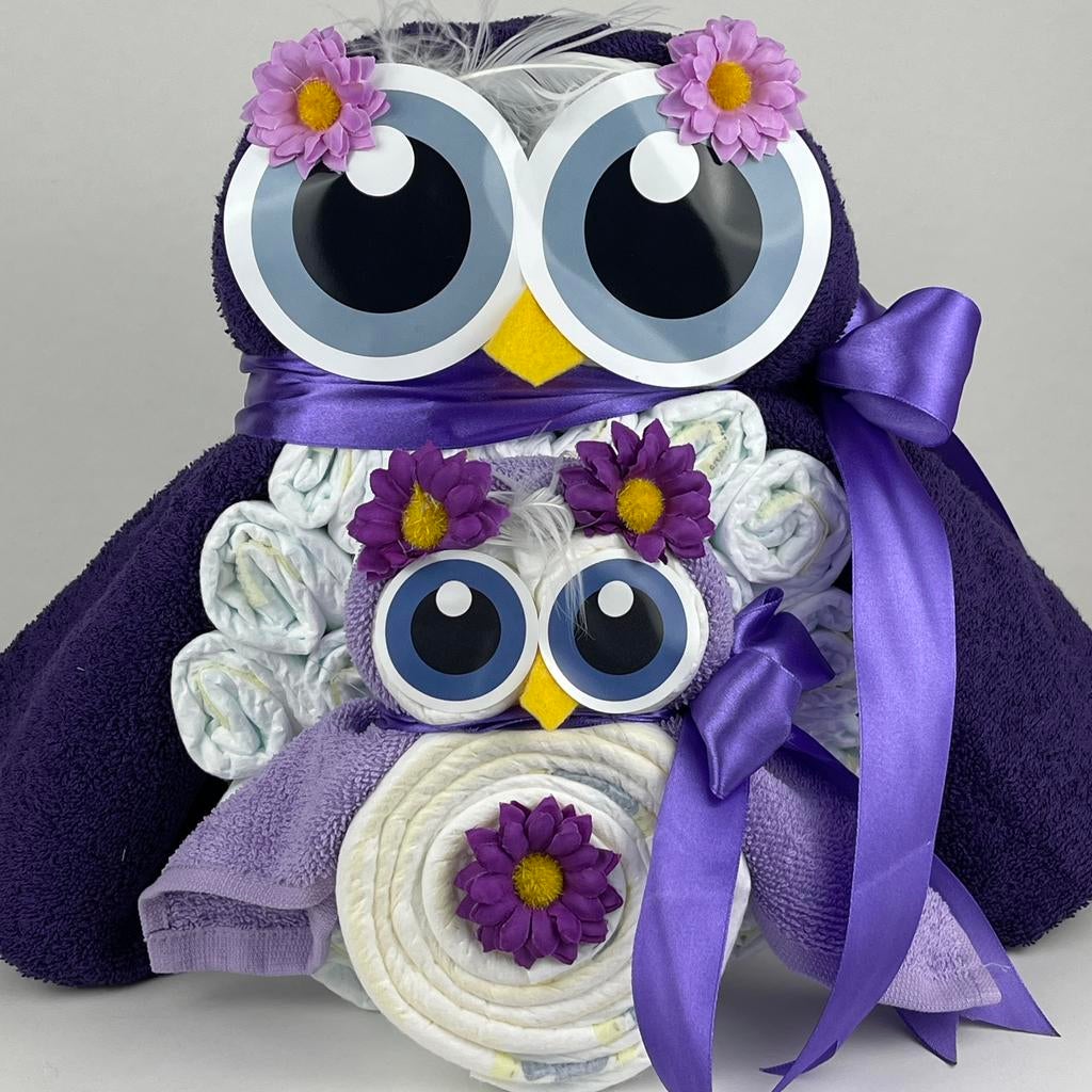 Luiertaart uil Luieruil meisje donker paars lavendel, Ophalen of Verzenden, Nieuw, Kraamcadeau