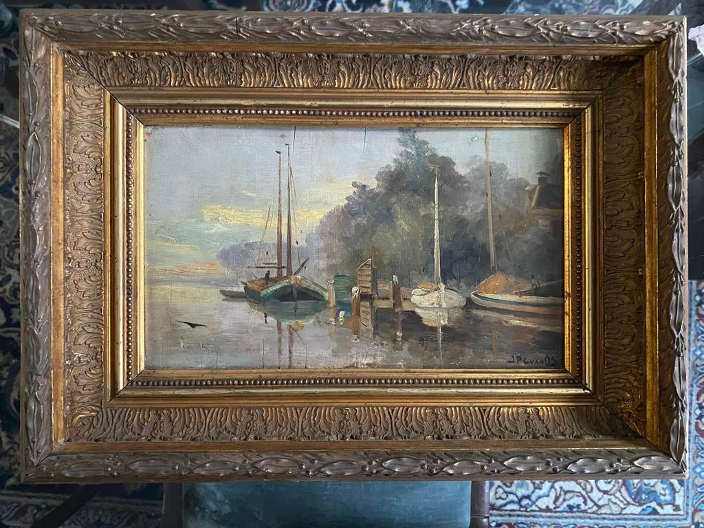 Schilderij J.P.C. van Os: Platbodems aan de waterkant, Ophalen of Verzenden