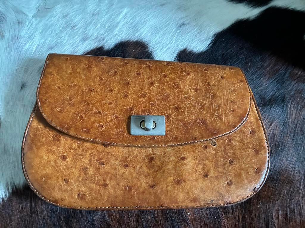 VINTAGE TAS  17x27cm. Leer struisvogel effect, Sieraden, Tassen en Uiterlijk, Ophalen of Verzenden, Gebruikt, Schoudertasje