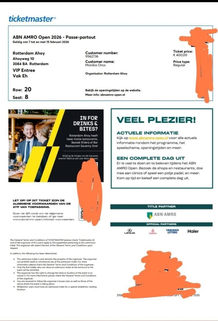 2 kaartjes abn amro tennis - Finale ATP Rotterdam, Twee personen, Februari