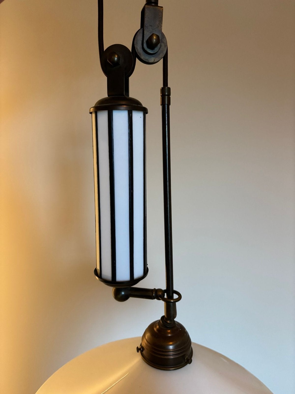 Vintage trekpendel lamp met glazen kap, Ophalen, Gebruikt, Glas, 75 cm of meer