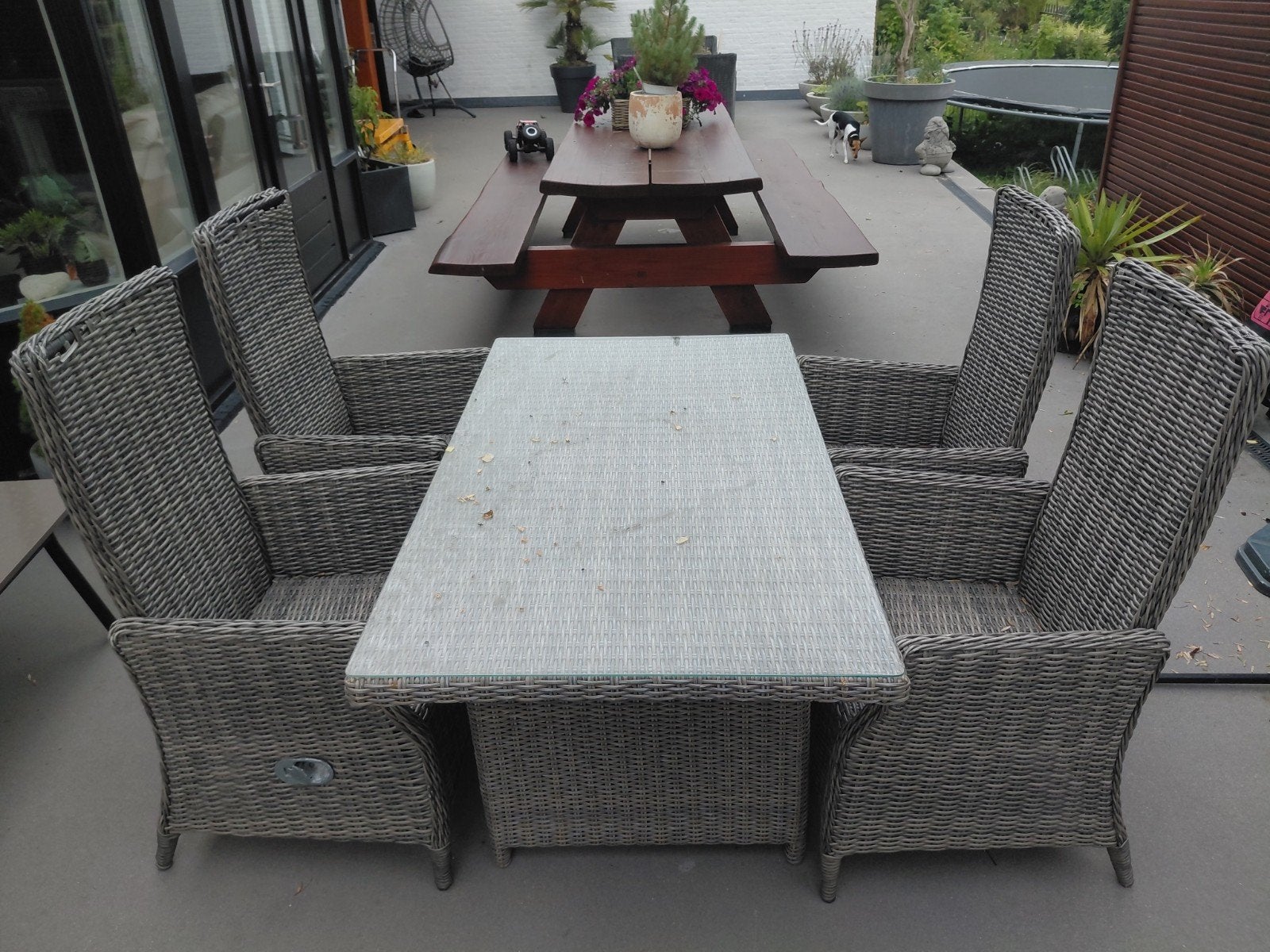 Tuinset, tuintafel en 4 tuinstoelen zie omschrijving!, Ophalen, Gebruikt, Wicker