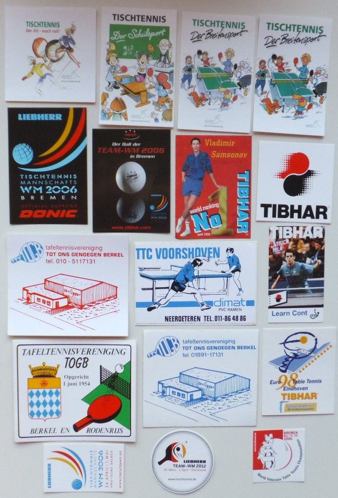 Tafeltennis stickers 17 stuks o.a. Duitsland en Nederland, Verzamelen, Ophalen of Verzenden, Zo goed als nieuw, Sport