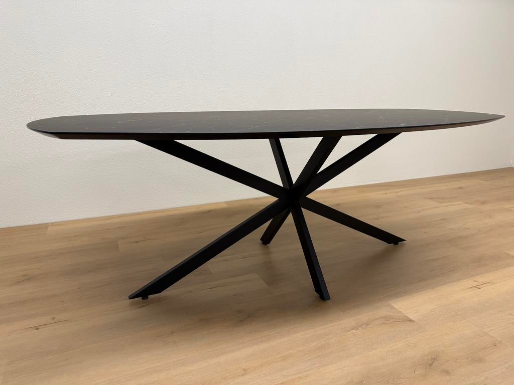 Deens ovale eettafel HPL 220x110 Marmer - Direct Leverbaar, 100 tot 150 cm, 200 cm of meer, Ophalen of Verzenden, Zo goed als nieuw