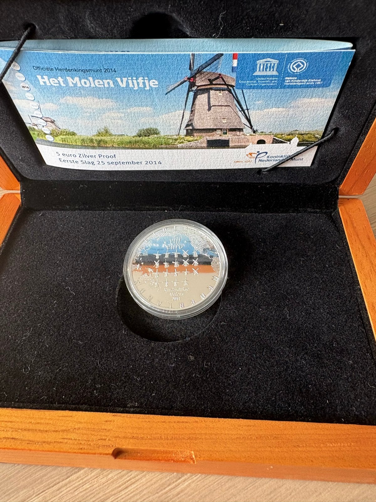 Het Molen Vijfje 2014 - Zilver Proof in houten cassette, Koningin Beatrix, Zilver, Euro's, Ophalen of Verzenden