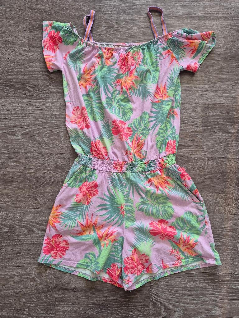 Lila Zomerjumpsuit off shoulder met Tropische bloemen, Overige typen, Meisje, Ophalen of Verzenden, Zo goed als nieuw