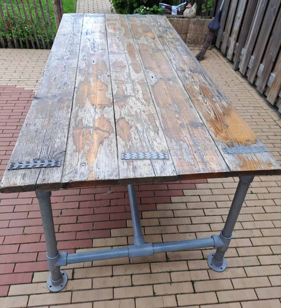 Industrieële tuintafel van steigerbuis en steigerhout, Ophalen, Rechthoekig, 200 cm of meer, 50 tot 100 cm