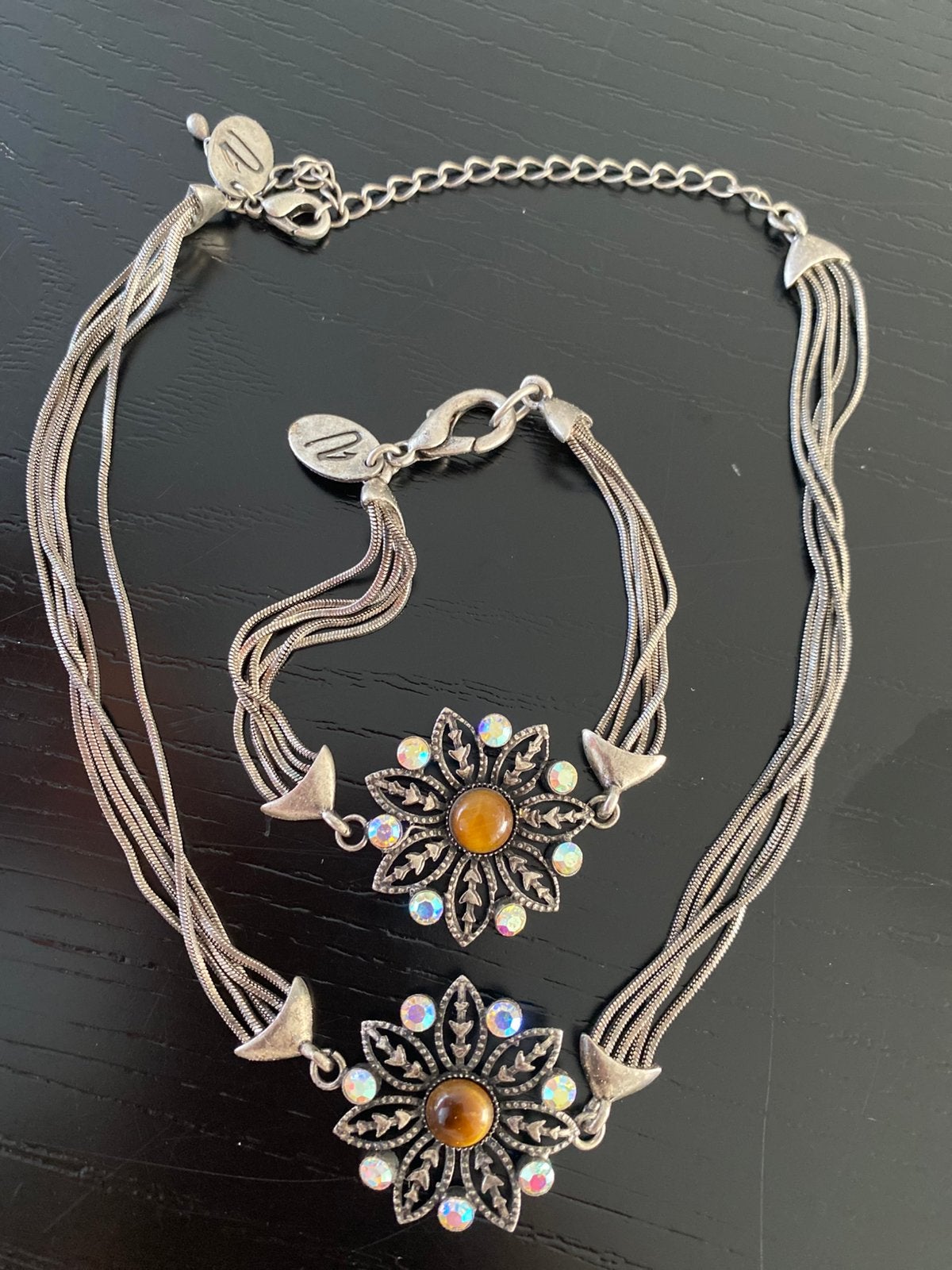 Vintage setje ketting & armband -tijgeroog & kristallen, Ophalen of Verzenden, Zo goed als nieuw, Bruin, Overige materialen