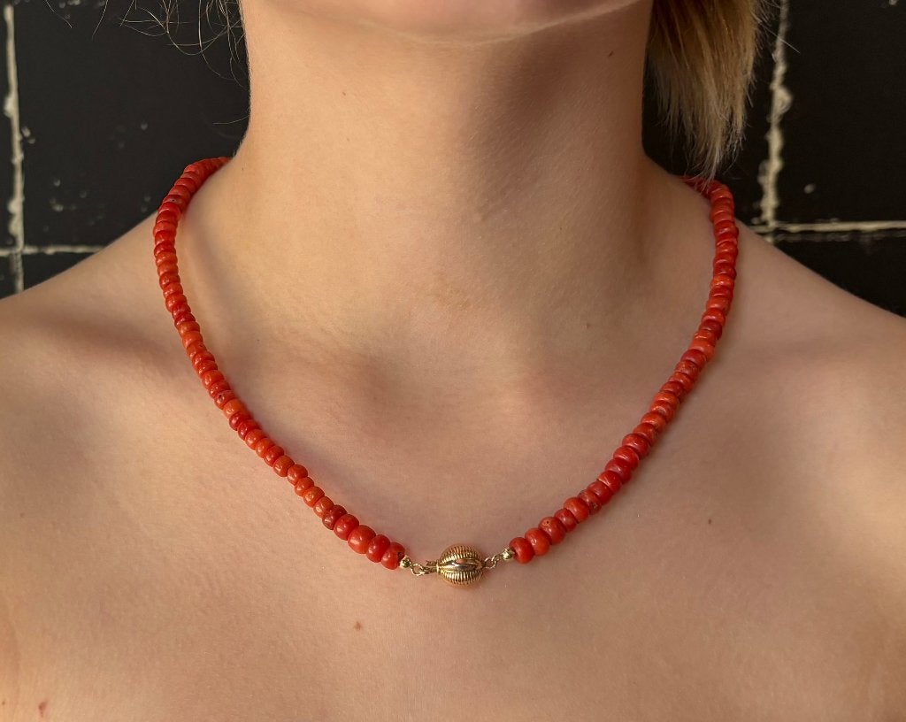 Bloedkoraal antieke ketting 14k slot goud dame vintage fraai