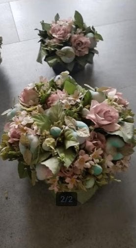 Kunstbloemen boeket in stenen schaal 20 cm doorsnee, Steen/keramiek, Ophalen of Verzenden, Meerkleurig, Bloemstuk