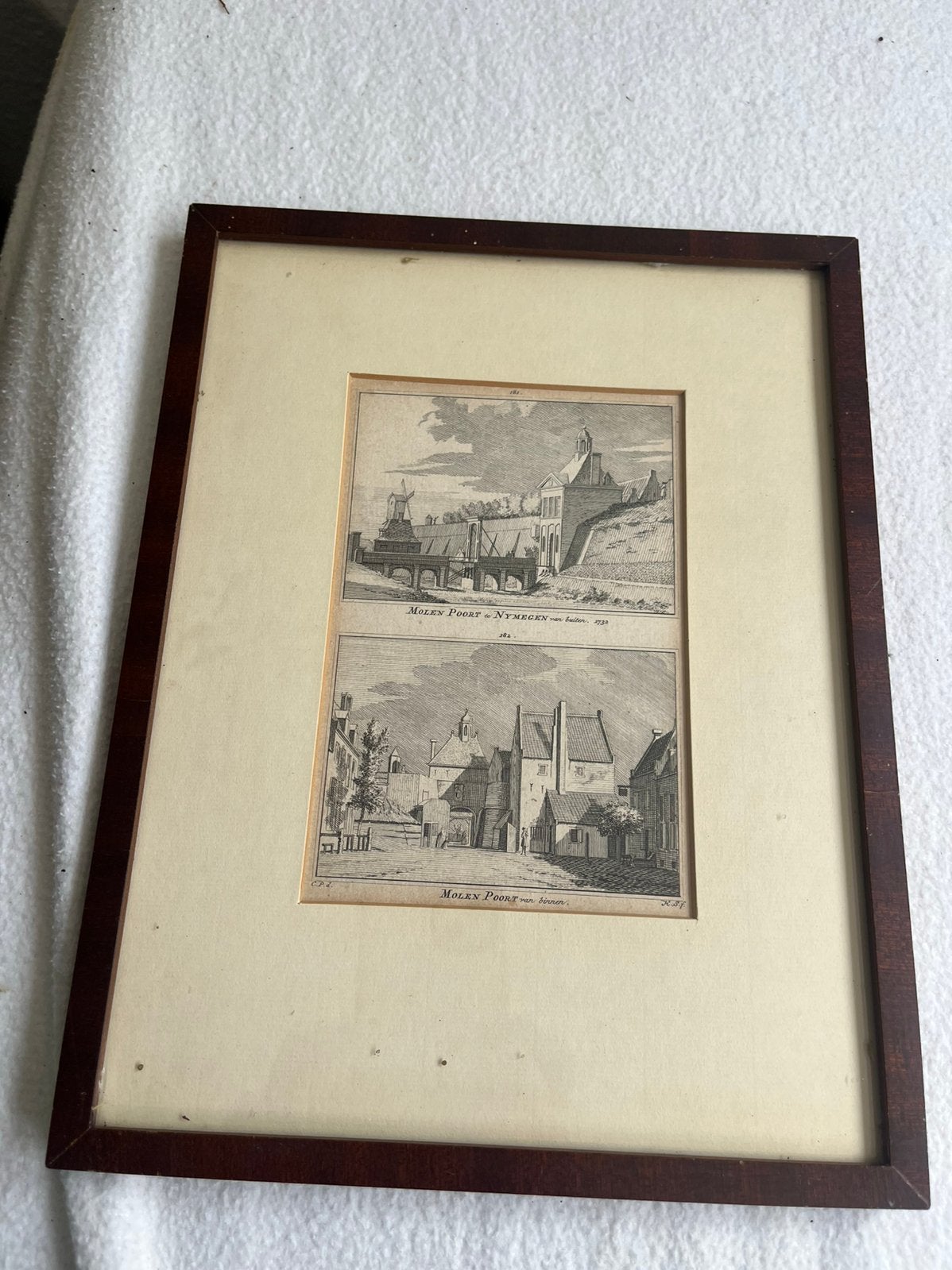 Dubbele gravure Molenpoort Nijmegen, Antiek en Kunst, Kunst | Etsen en Gravures, 28 cm, Stadsgezicht, 22 cm, Ophalen of Verzenden