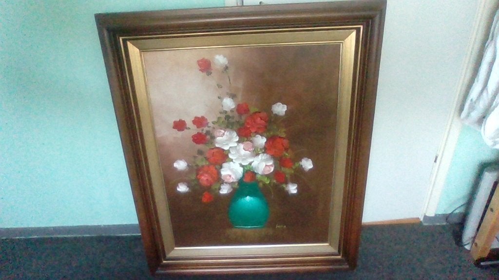 Schilderij met houten lijst, Antiek en Kunst, Kunst | Schilderijen | Modern, Ophalen, Textiel, Handgeschilderd, Bloemen