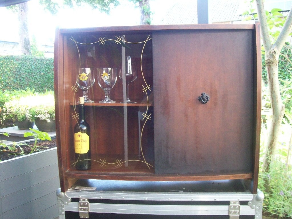 Vintage kastje met schuifdeur van glas en hout, Ophalen of Verzenden