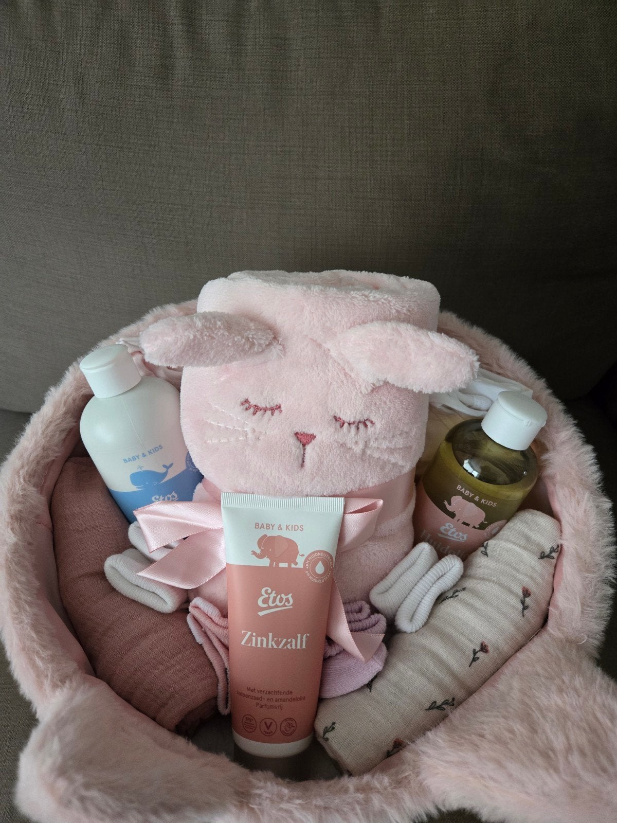 Roze Konijn Kraamcadeau Mand - Etos Babyproducten, Ophalen of Verzenden, Nieuw