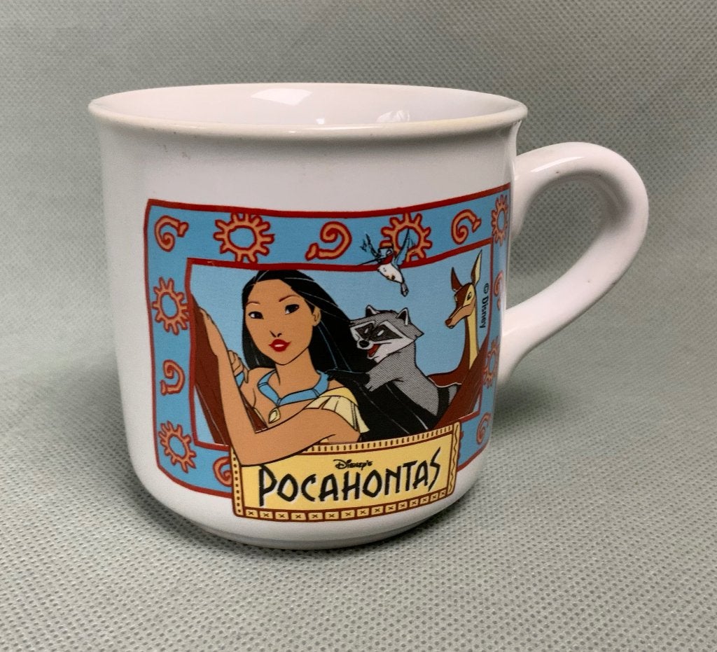 Disney Vintage 90s Pocahontas beker, blauw achtergrond, Ophalen of Verzenden, Pocahontas of Kl. Zeemeermin, Zo goed als nieuw