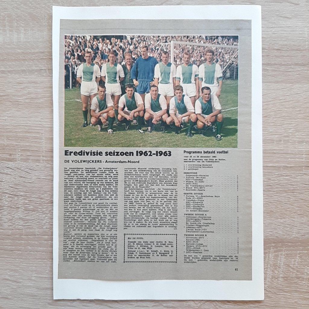 De Volewijckers Eredivisie seizoen 62-63 met elftal & namen, Verzenden, Zo goed als nieuw, Overige binnenlandse clubs, Poster, Plaatje of Sticker
