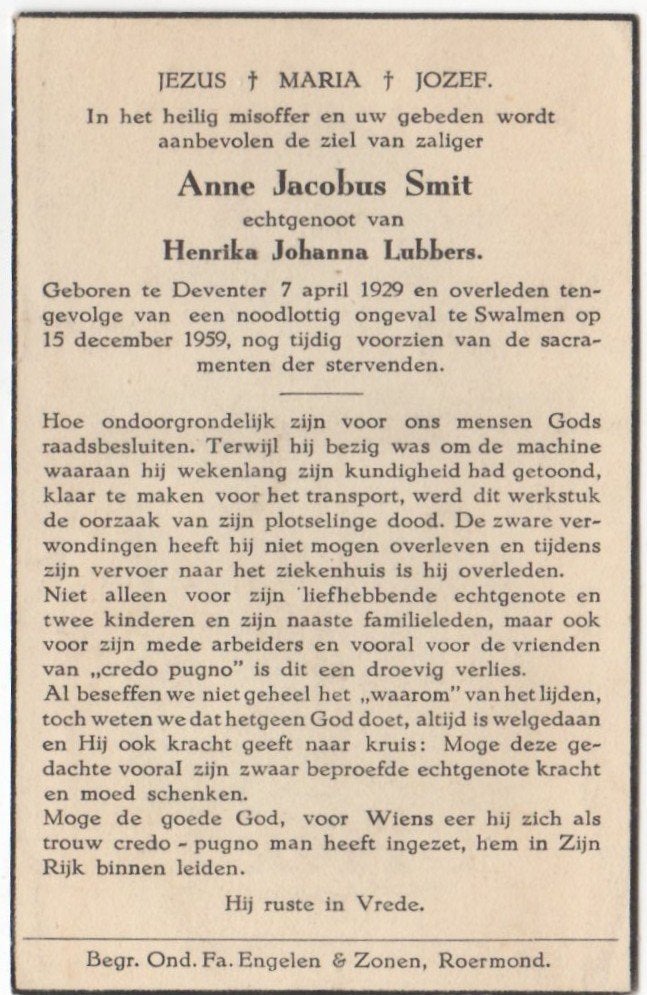 Anne Jacobus Smit 1929 Deventer + 1959 Swalmen, 30 jaar, Ophalen of Verzenden