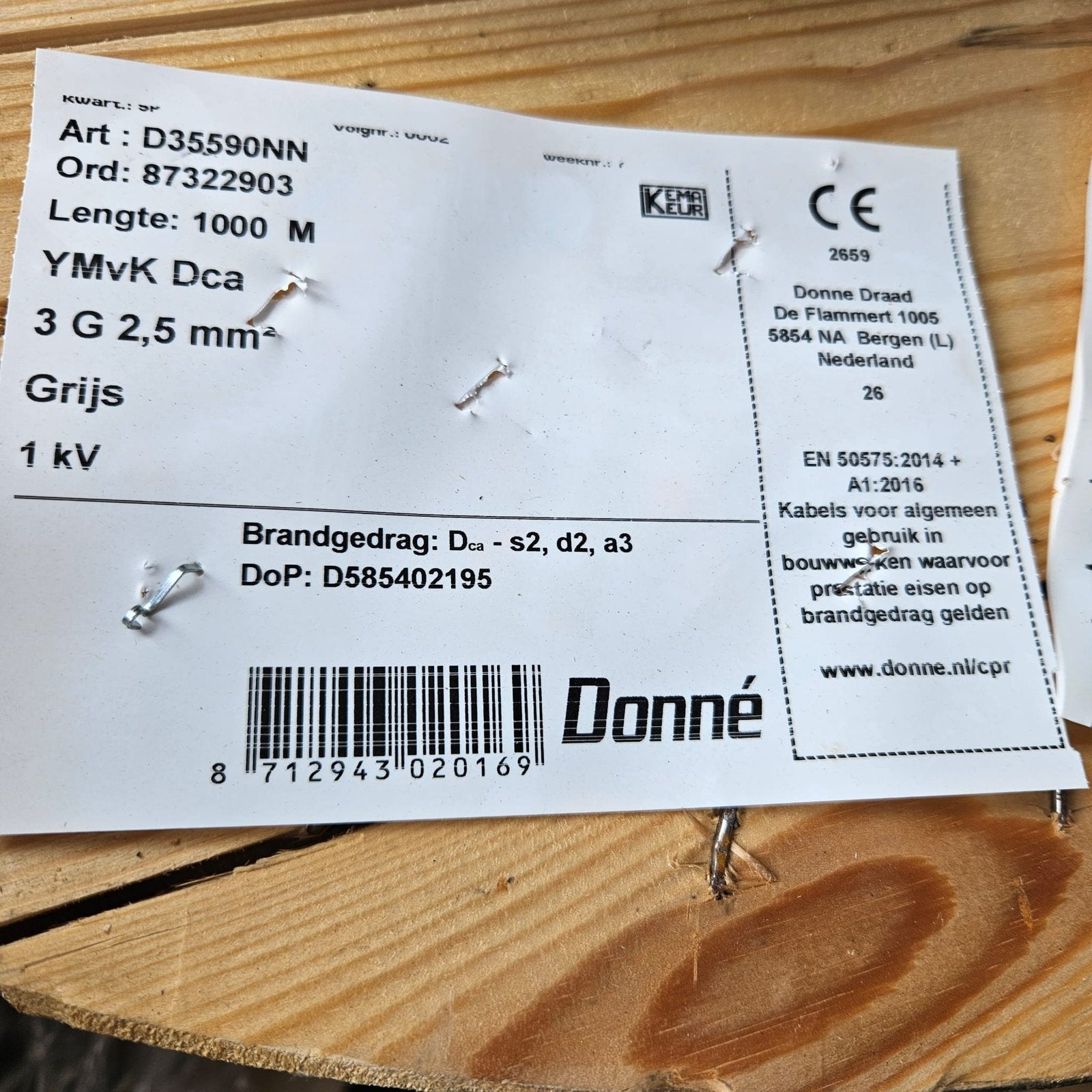 YMVK Dca 3G2,5 mm² Grijs – 1000 meter haspel – Nieuw, Ophalen, Zo goed als nieuw