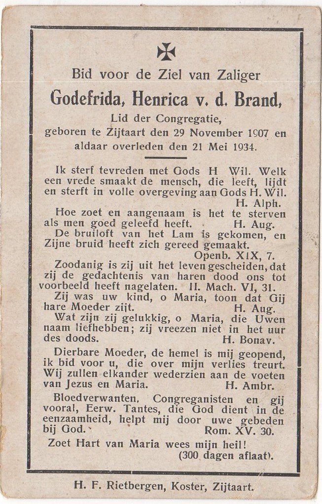 Godefrida v.d. Brand 1907 Zijtaart + 1934 Zijtaart, 26 jaar, Verzenden