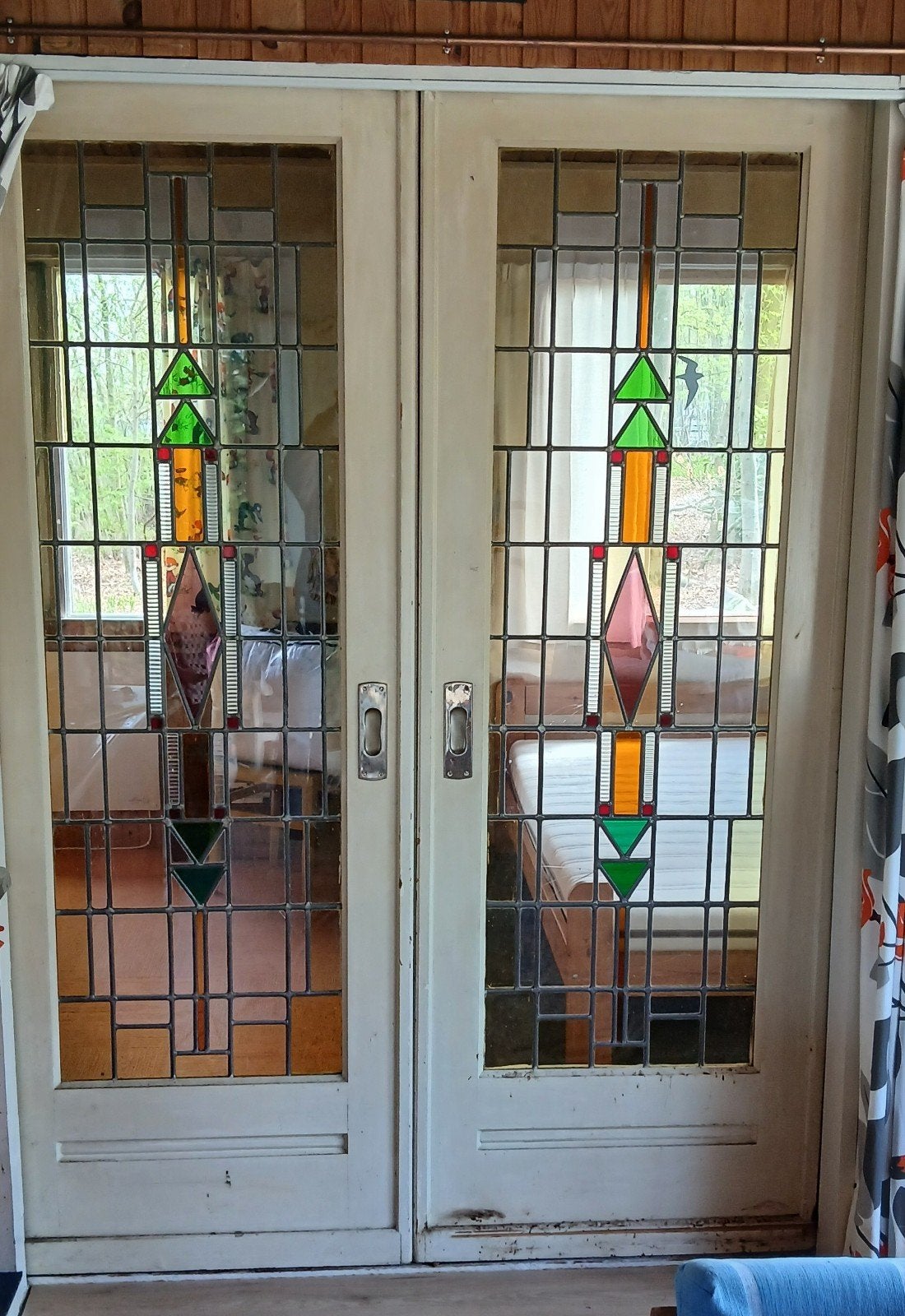 Set van 2 schuifdeuren met glas in lood (212x77,5 cm), Doe-het-zelf en Verbouw, Ophalen, Gebruikt, Minder dan 80 cm, Binnendeur