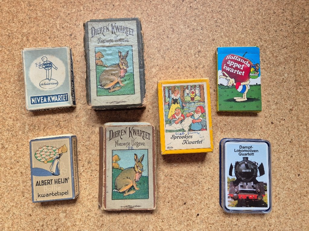 7 doosjes met compleet kwartetspel, collector's item, Verzamelen, Ophalen of Verzenden, Gebruikt, Kwartet(ten)