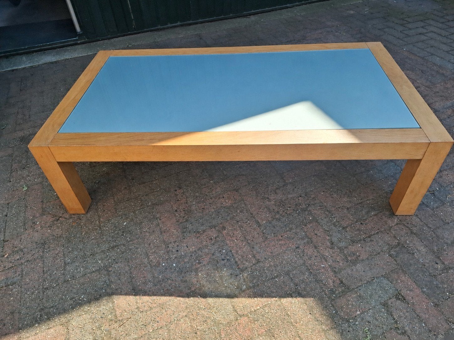 Eikenhouten salontafel met glazen blad, Ophalen, Glas, Gebruikt, 100 tot 150 cm