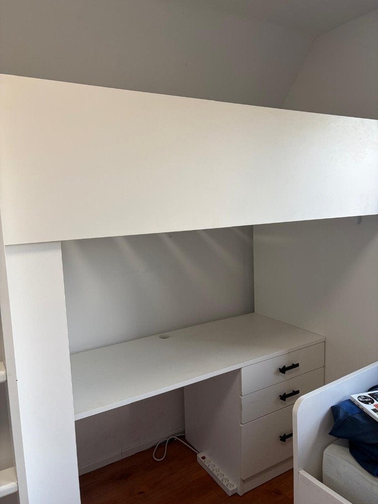 Hoogslaper, wit wit/met bureau met 3 lades, 90x200 cm, Ophalen, Gebruikt, Eenpersoons, 200 cm